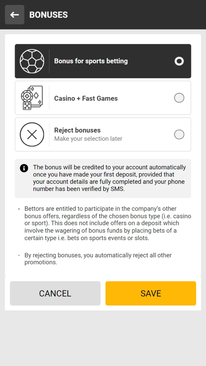 During the registration process, select the Melbet bonus you want to receive.