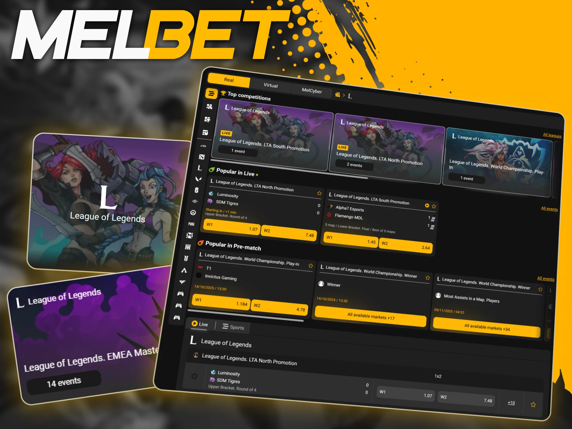 Bet on League of Legends tournaments like the World Championship and LEC at the official Melbet site.