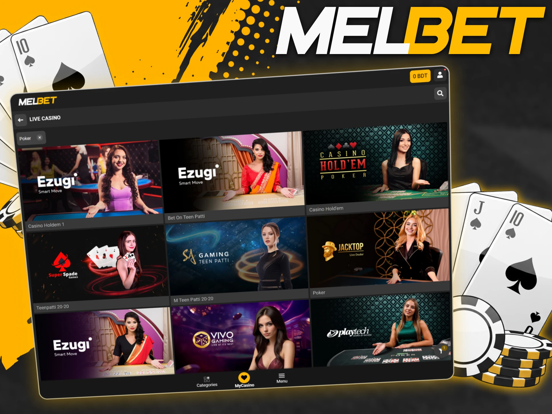 Try poker on Melbet to challenge the dealer or other players online.