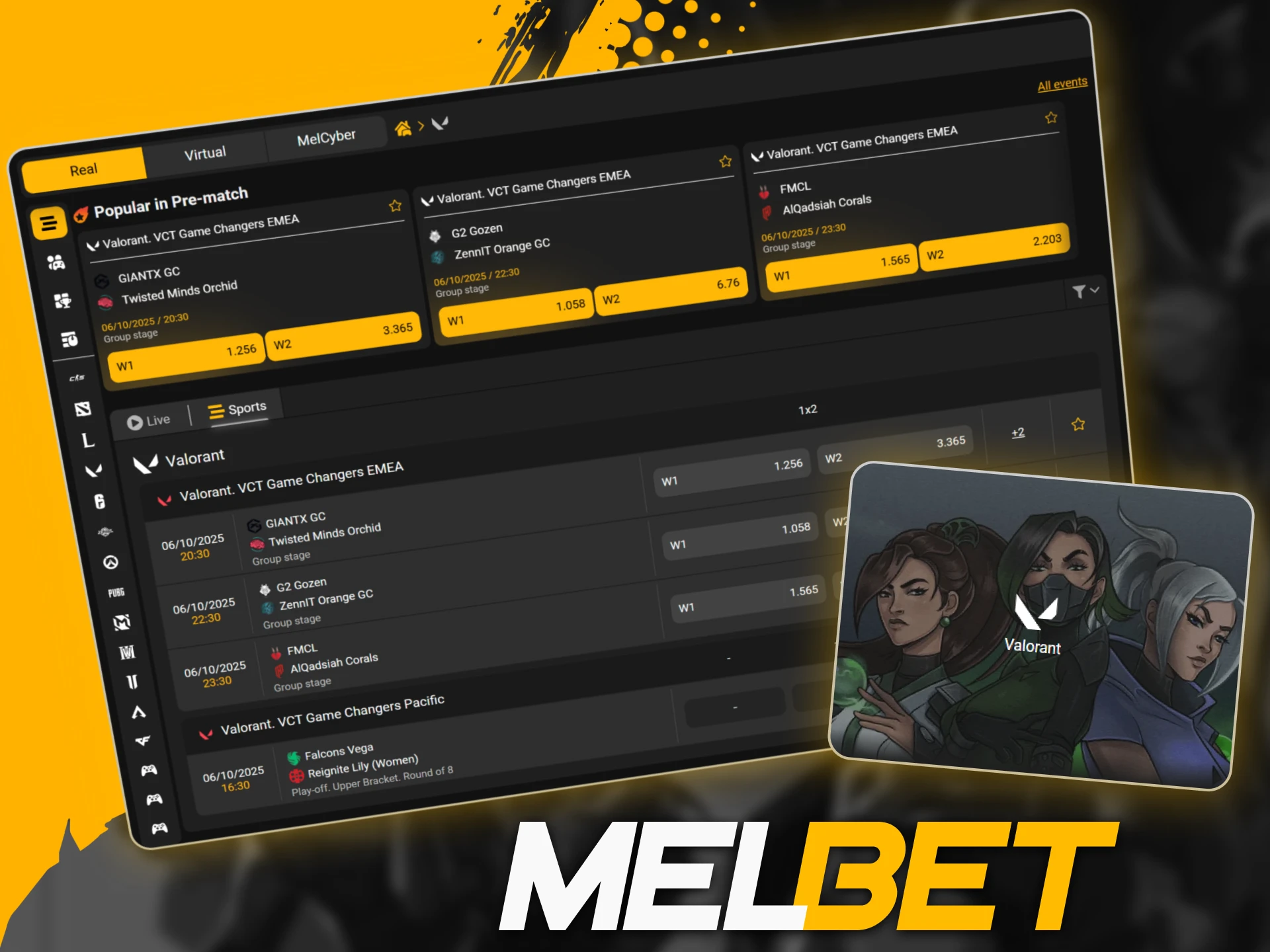 Bet on Valorant tournaments like VCT Masters and Champions at the official Melbet site.