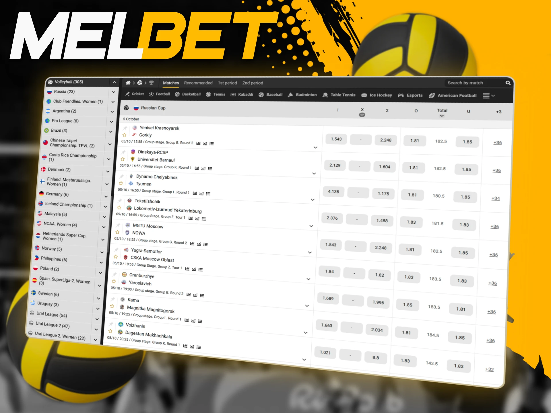 Bet on indoor and beach volleyball tournaments with great odds at the official Melbet site.