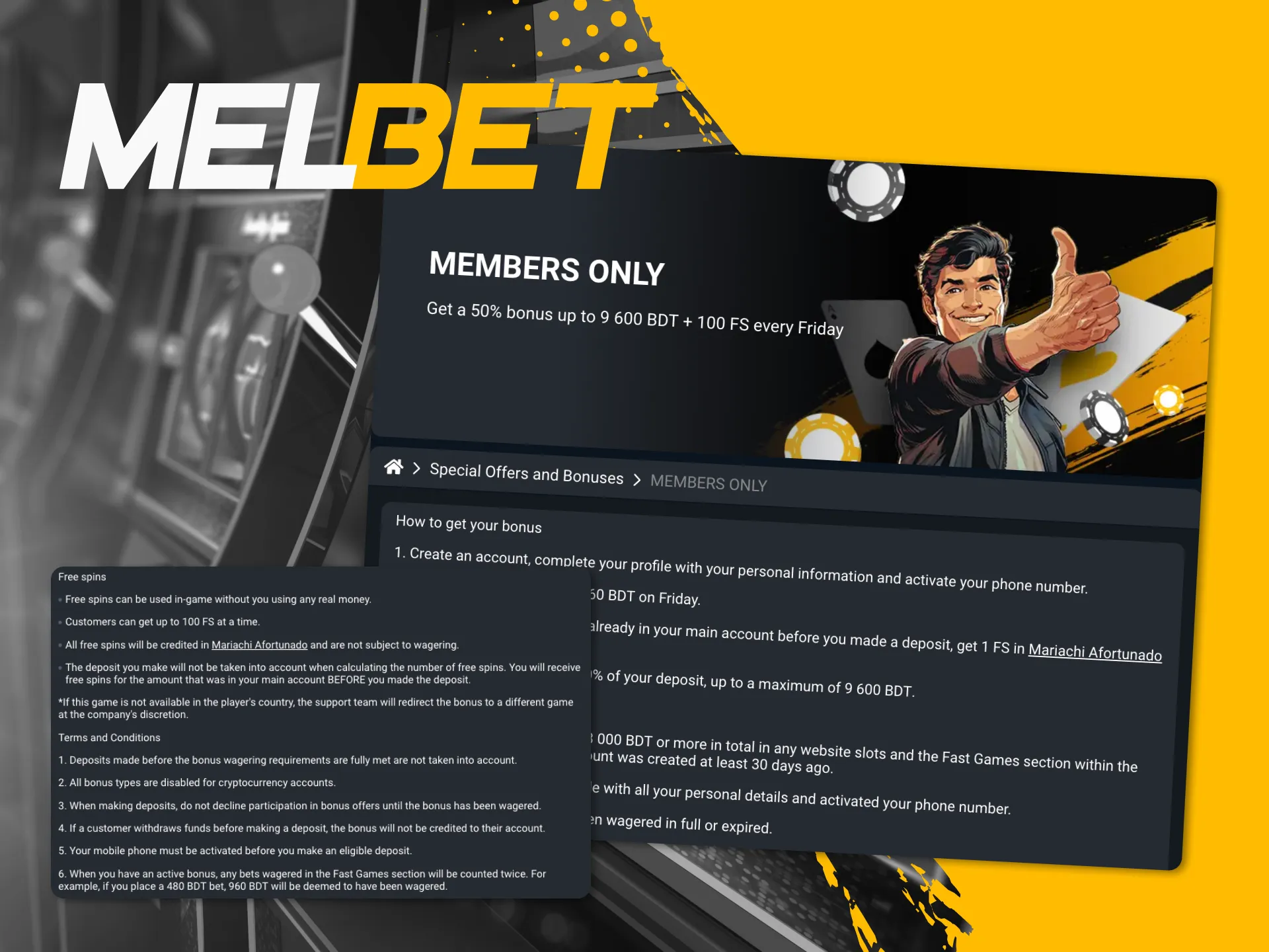 Get free spins for casino games at Melbet online casino.